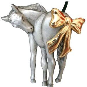 VTG silver horse ornament mid weight PEWTER? Gold bow Equestrian silver rancher